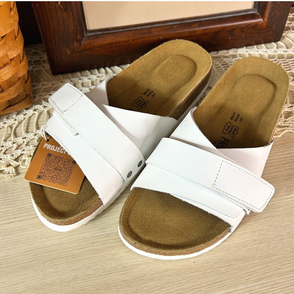 PROJECT CLOUD White Leather Soft Footbed Cork Sole Slides Sandals Womens Size‎ 7